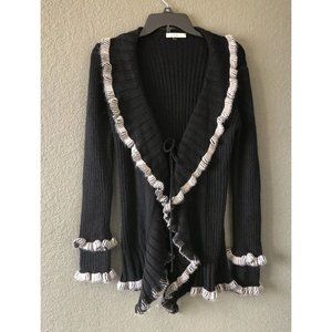 Elisabetta Collection Italy 30%Wool Blend Black Gray Ruffle Hem Sz L Cardigan